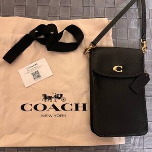 Coach Black Leather Crossbody Cellphone Bag with Gold Details